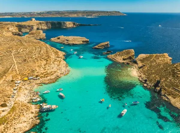 Aerial view of the Blue Lagoon and Cominotto