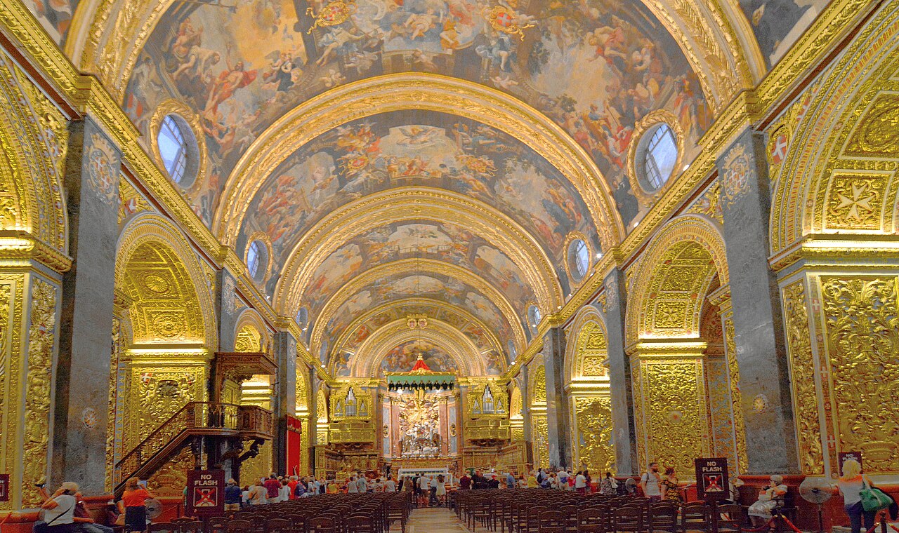 The gilded Baroque nave and painted vault of St John's Co-Cathedral, Valletta