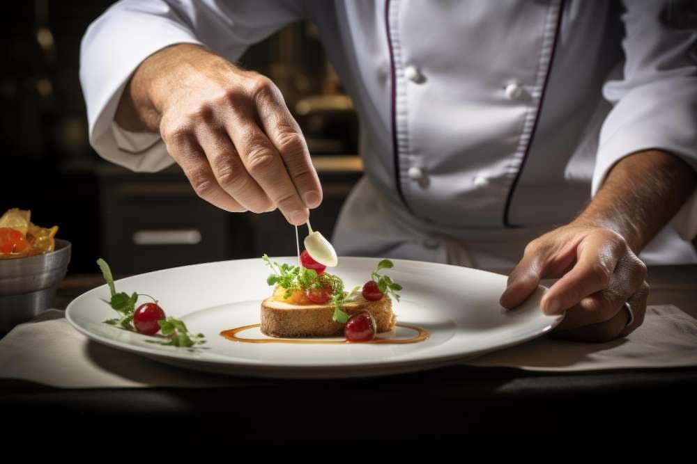A chef carefully finishing a plated dish