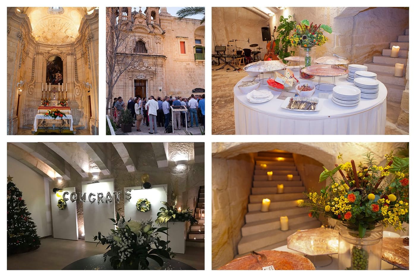 Collage of Sagrestia Vault and chapel interiors set up for receptions