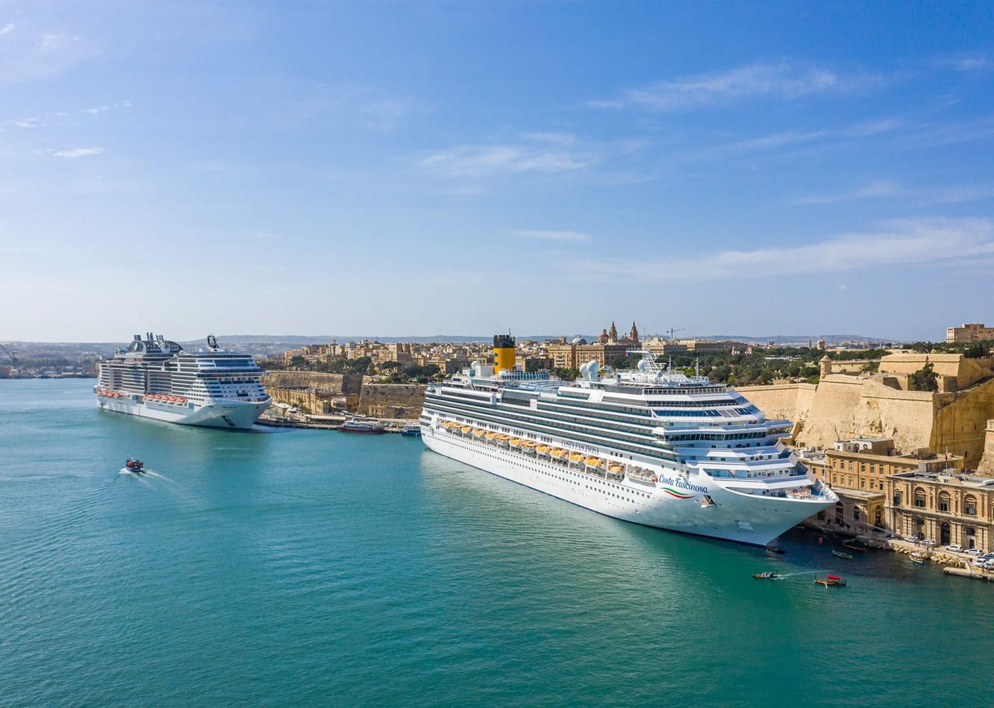 Cruise ships berthed in the Grand Harbour beside Valletta
