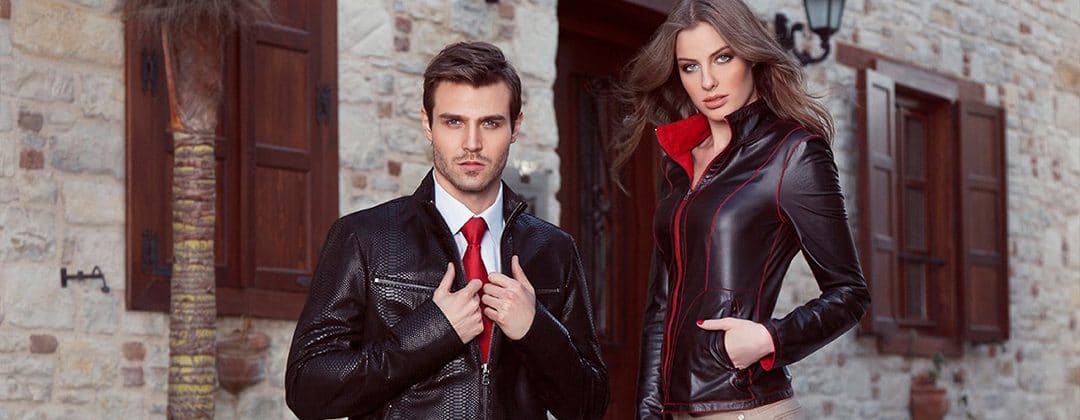 A man and woman modelling black leather jackets